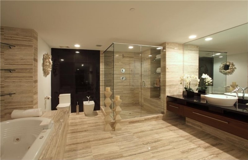 contemporary master bathroom with frameless shower bathroom tile and accent wall i g IS 68ktptx88319 DsvF1 800x519